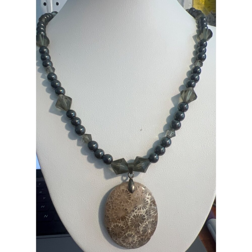 Vintage Fossil Coral Pendant Necklace Hematite Smoky Quartz Beads Estate 18"